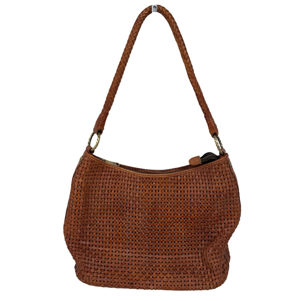Patricia Nash Woven Leather Shoulder Bag Medium Cognac Brown Boho Braided Strap